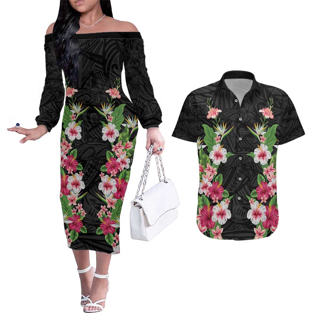 Hawaii Tropical Flowers Couples Matching Off The Shoulder Long Sleeve Dress and Hawaiian Shirt Black Polynesian Tattoo Art