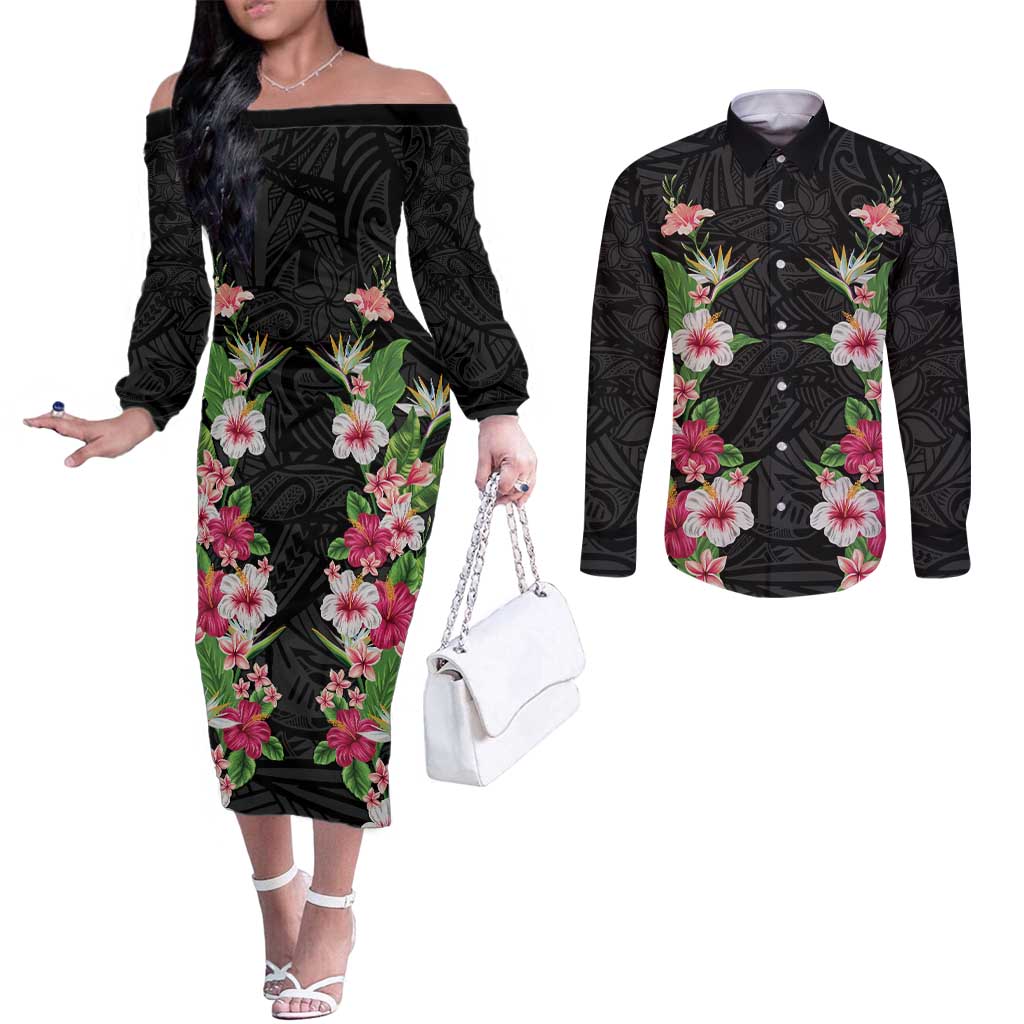 Hawaii Tropical Flowers Couples Matching Off The Shoulder Long Sleeve Dress and Long Sleeve Button Shirt Black Polynesian Tattoo Art LT05 Black - Polynesian Pride