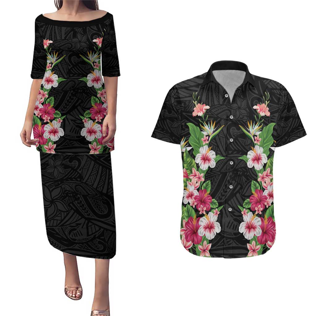 Hawaii Tropical Flowers Couples Matching Puletasi and Hawaiian Shirt Black Polynesian Tattoo Art LT05 Black - Polynesian Pride