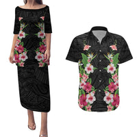 Hawaii Tropical Flowers Couples Matching Puletasi and Hawaiian Shirt Black Polynesian Tattoo Art LT05 Black - Polynesian Pride
