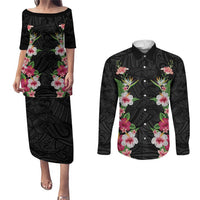 Hawaii Tropical Flowers Couples Matching Puletasi and Long Sleeve Button Shirt Black Polynesian Tattoo Art LT05 Black - Polynesian Pride