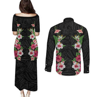 Hawaii Tropical Flowers Couples Matching Puletasi and Long Sleeve Button Shirt Black Polynesian Tattoo Art LT05 - Polynesian Pride