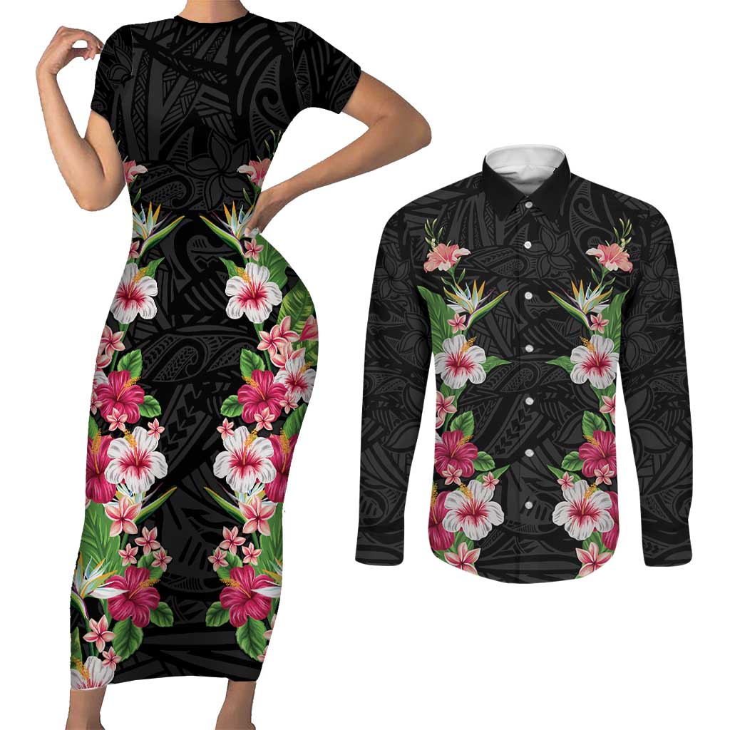 Hawaii Tropical Flowers Couples Matching Short Sleeve Bodycon Dress and Long Sleeve Button Shirt Black Polynesian Tattoo Art LT05 Black - Polynesian Pride
