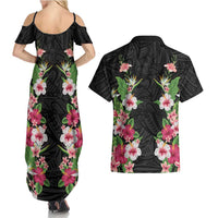 Hawaii Tropical Flowers Couples Matching Summer Maxi Dress and Hawaiian Shirt Black Polynesian Tattoo Art LT05 - Polynesian Pride