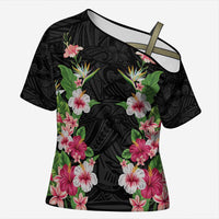 Hawaii Tropical Flowers Cross Shoulder Shirt Black Polynesian Tattoo Art