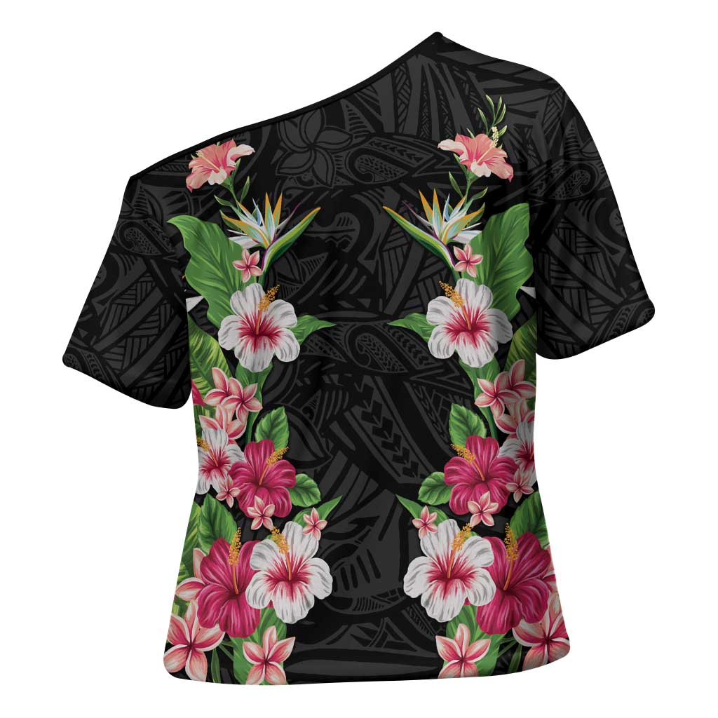 Hawaii Tropical Flowers Cross Shoulder Shirt Black Polynesian Tattoo Art