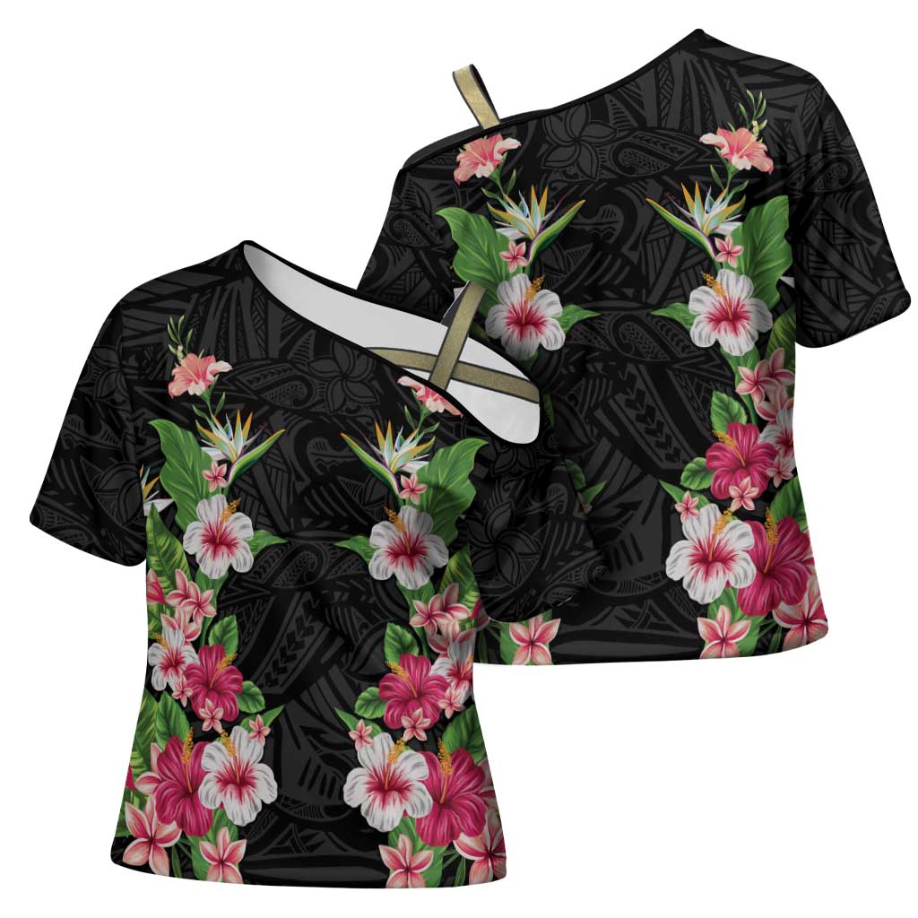Hawaii Tropical Flowers Cross Shoulder Shirt Black Polynesian Tattoo Art