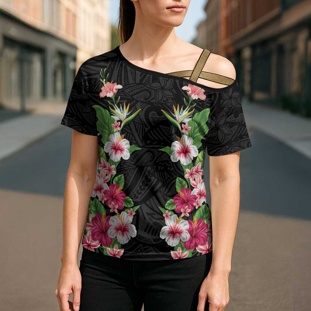 Hawaii Tropical Flowers Cross Shoulder Shirt Black Polynesian Tattoo Art