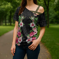 Hawaii Tropical Flowers Cross Shoulder Shirt Black Polynesian Tattoo Art