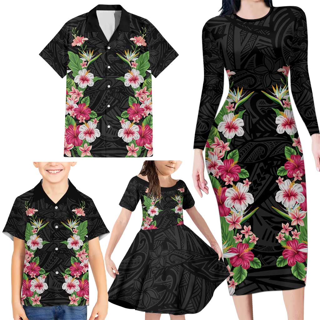 Hawaii Tropical Flowers Family Matching Long Sleeve Bodycon Dress and Hawaiian Shirt Black Polynesian Tattoo Art