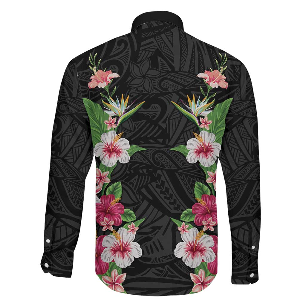 Hawaii Tropical Flowers Family Matching Long Sleeve Bodycon Dress and Hawaiian Shirt Black Polynesian Tattoo Art