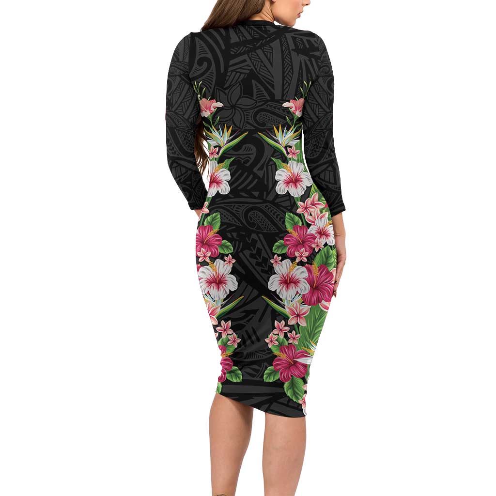Hawaii Tropical Flowers Family Matching Long Sleeve Bodycon Dress and Hawaiian Shirt Black Polynesian Tattoo Art