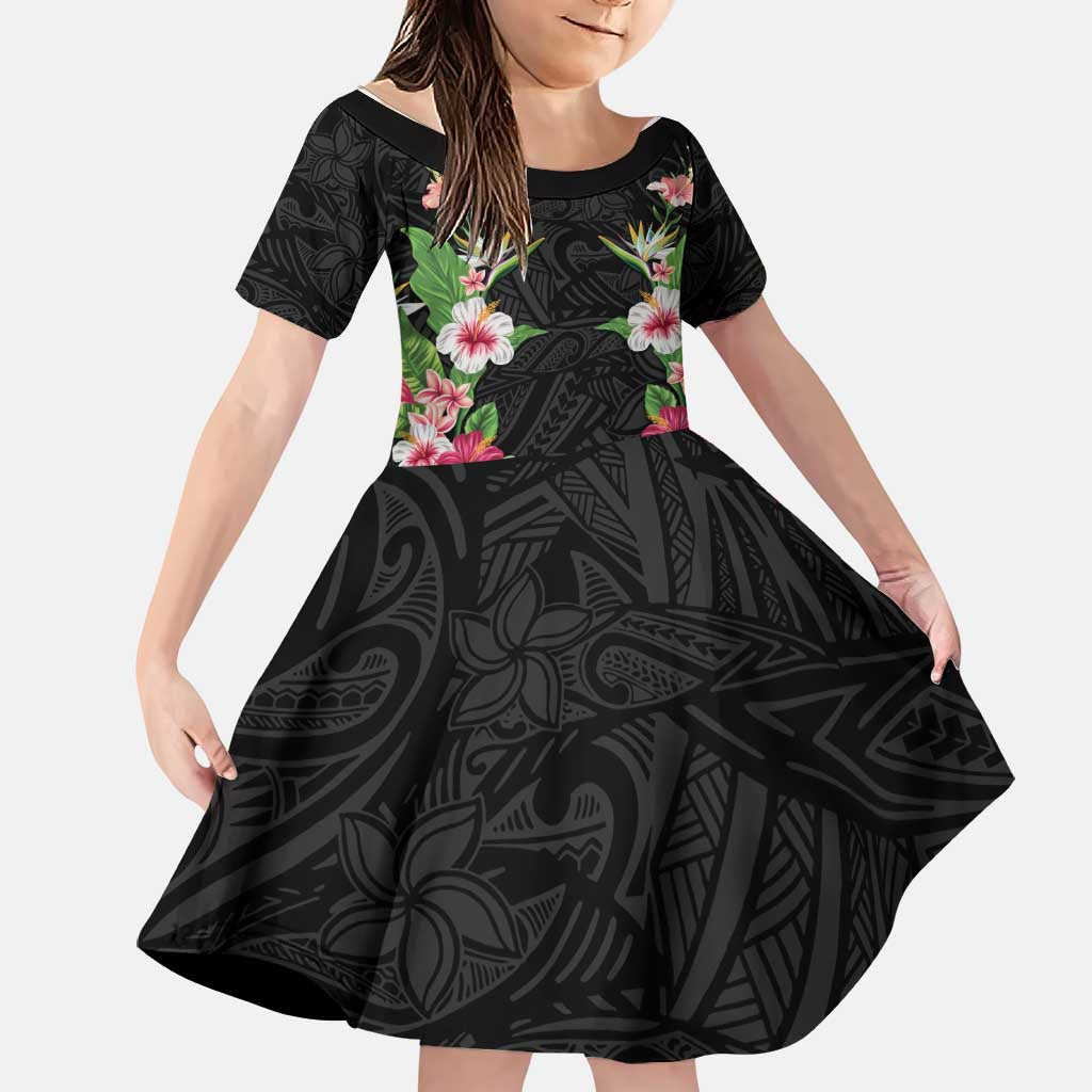 Hawaii Tropical Flowers Family Matching Mermaid Dress and Hawaiian Shirt Black Polynesian Tattoo Art