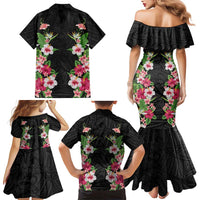 Hawaii Tropical Flowers Family Matching Mermaid Dress and Hawaiian Shirt Black Polynesian Tattoo Art