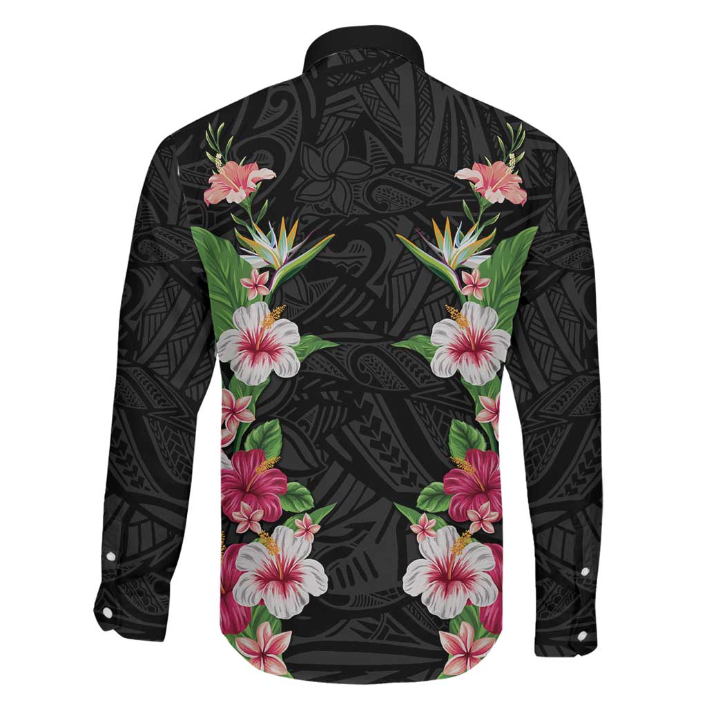Hawaii Tropical Flowers Family Matching Mermaid Dress and Hawaiian Shirt Black Polynesian Tattoo Art