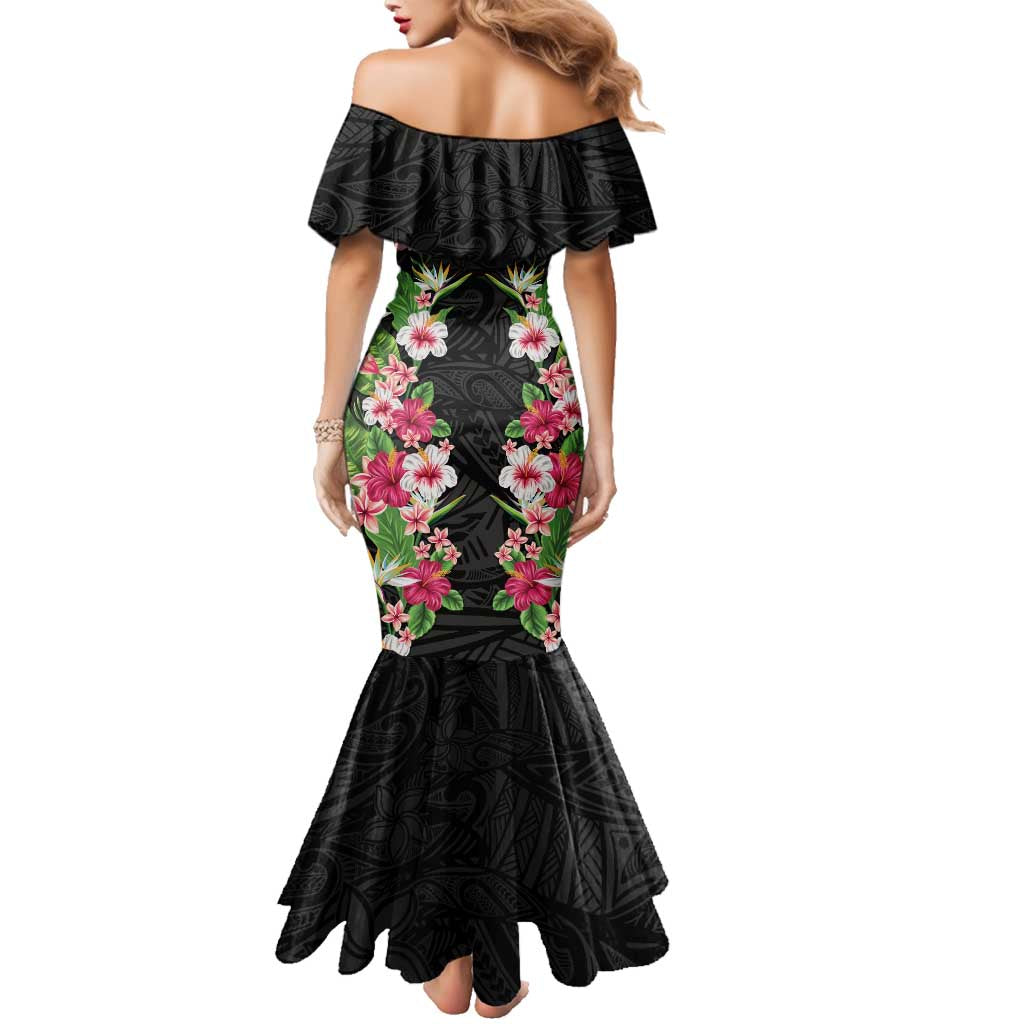 Hawaii Tropical Flowers Family Matching Mermaid Dress and Hawaiian Shirt Black Polynesian Tattoo Art