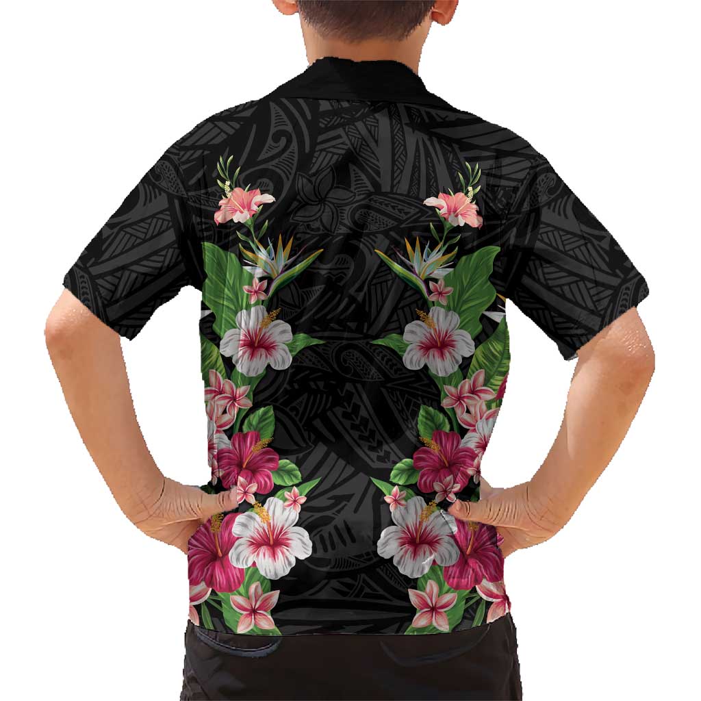Hawaii Tropical Flowers Family Matching Off The Shoulder Long Sleeve Dress and Hawaiian Shirt Black Polynesian Tattoo Art