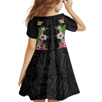 Hawaii Tropical Flowers Family Matching Off The Shoulder Long Sleeve Dress and Hawaiian Shirt Black Polynesian Tattoo Art
