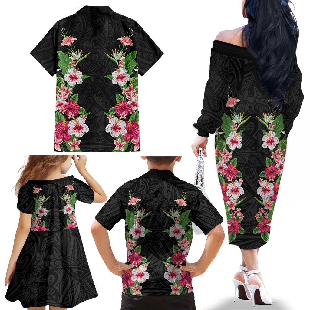 Hawaii Tropical Flowers Family Matching Off The Shoulder Long Sleeve Dress and Hawaiian Shirt Black Polynesian Tattoo Art