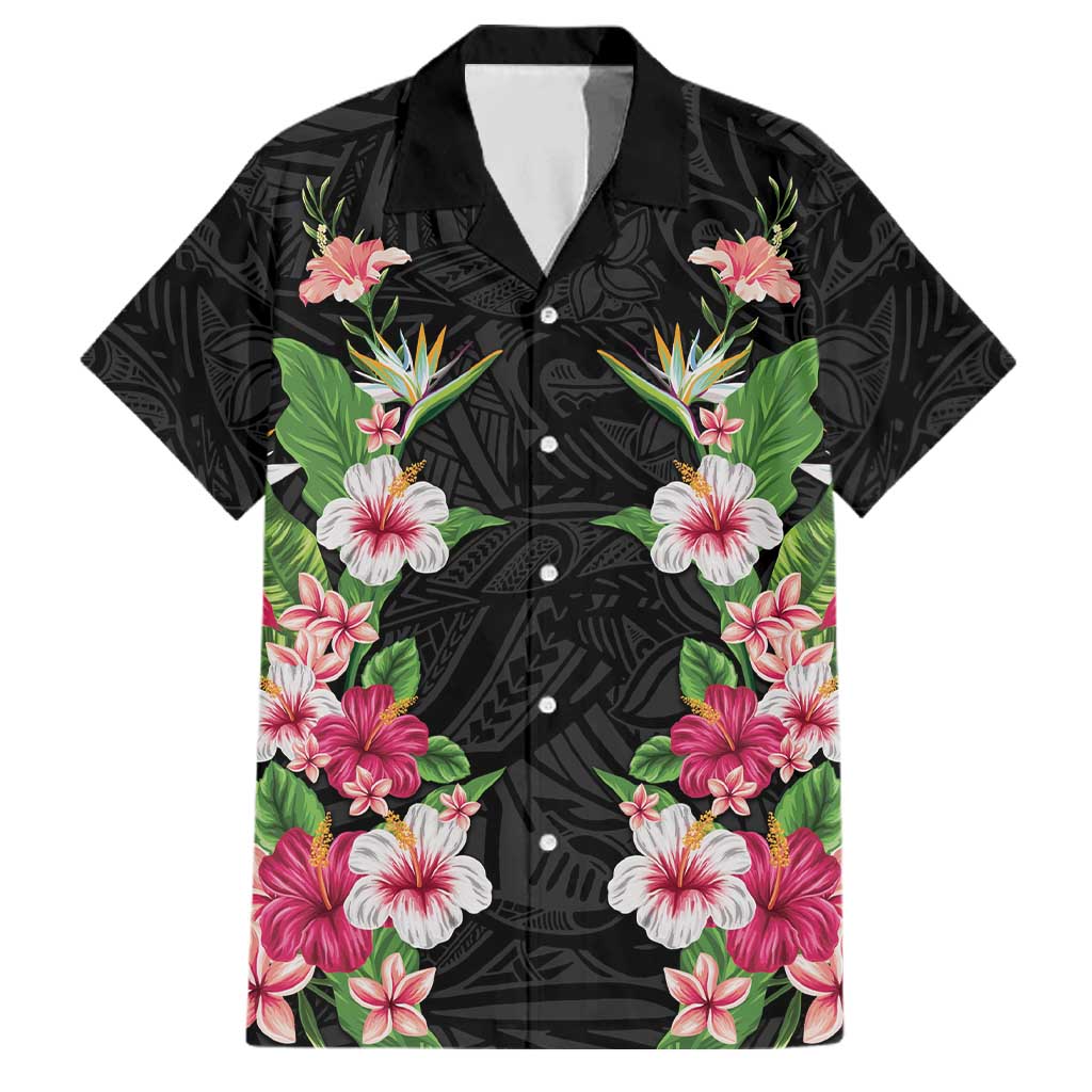 Hawaii Tropical Flowers Family Matching Off The Shoulder Long Sleeve Dress and Hawaiian Shirt Black Polynesian Tattoo Art