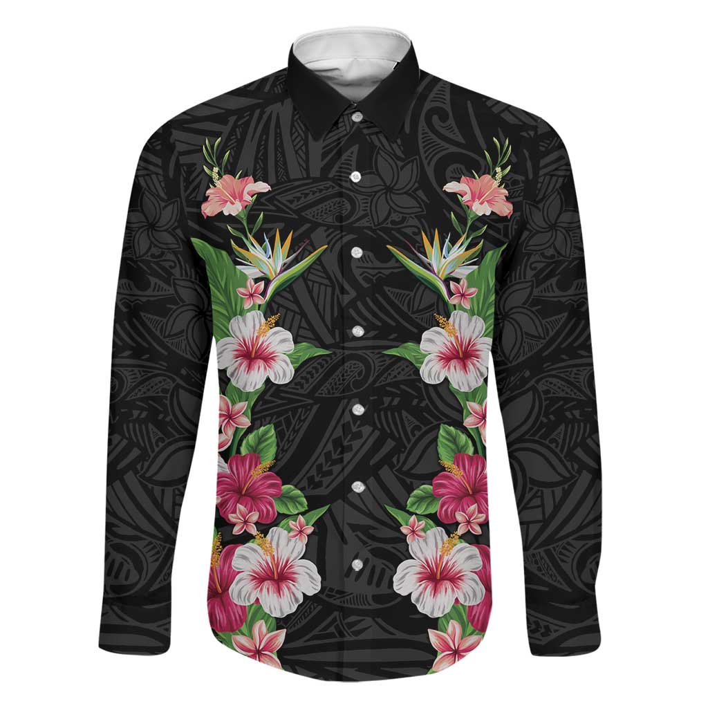 Hawaii Tropical Flowers Family Matching Off The Shoulder Long Sleeve Dress and Hawaiian Shirt Black Polynesian Tattoo Art