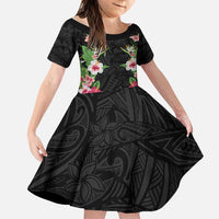 Hawaii Tropical Flowers Family Matching Off Shoulder Maxi Dress and Hawaiian Shirt Black Polynesian Tattoo Art