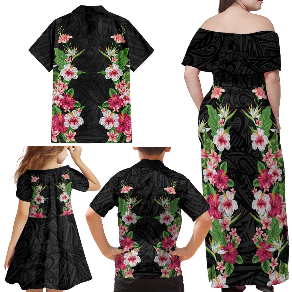 Hawaii Tropical Flowers Family Matching Off Shoulder Maxi Dress and Hawaiian Shirt Black Polynesian Tattoo Art