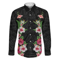 Hawaii Tropical Flowers Family Matching Off Shoulder Maxi Dress and Hawaiian Shirt Black Polynesian Tattoo Art