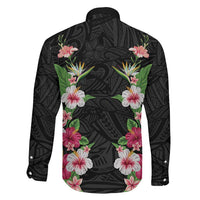 Hawaii Tropical Flowers Family Matching Off Shoulder Maxi Dress and Hawaiian Shirt Black Polynesian Tattoo Art
