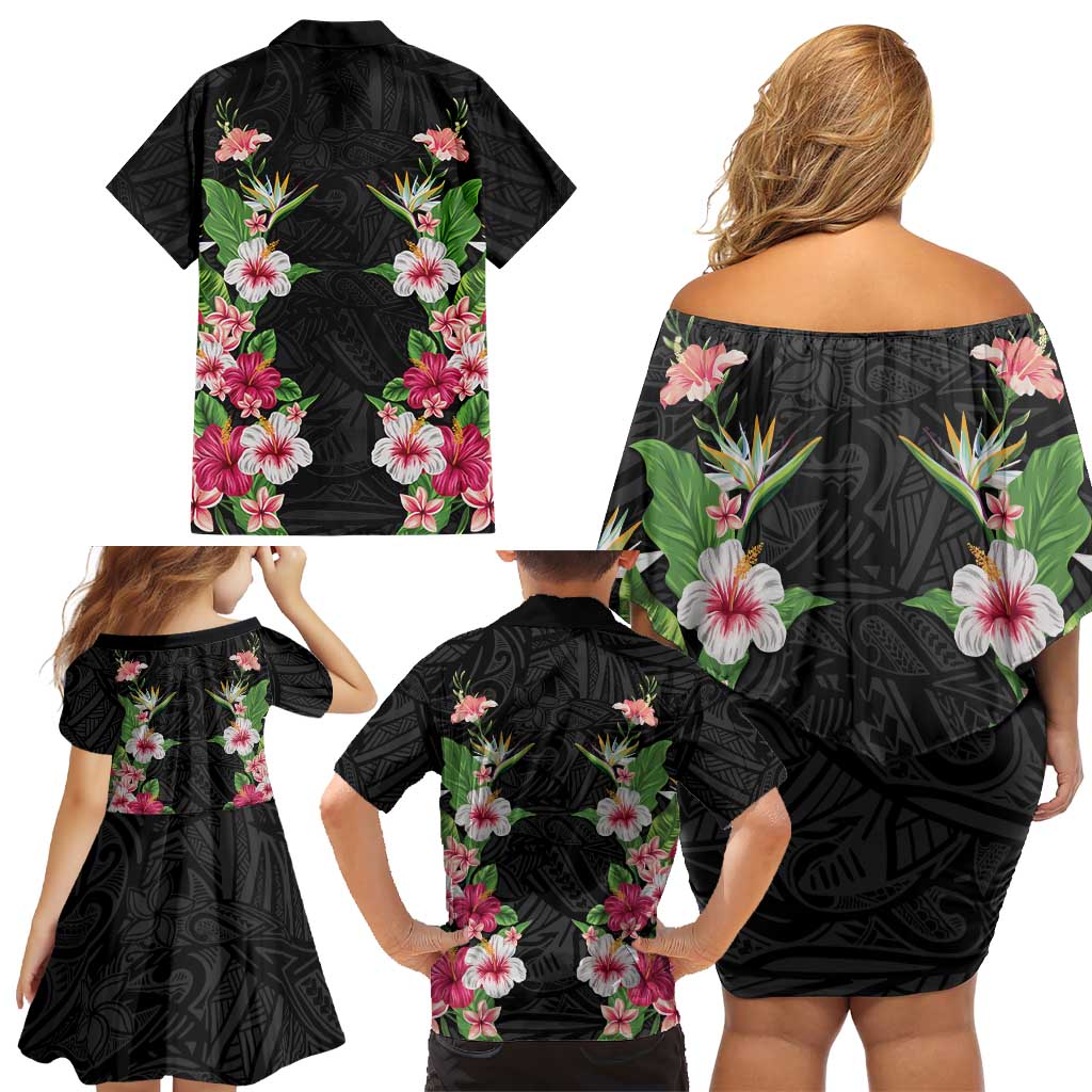 Hawaii Tropical Flowers Family Matching Off Shoulder Short Dress and Hawaiian Shirt Black Polynesian Tattoo Art