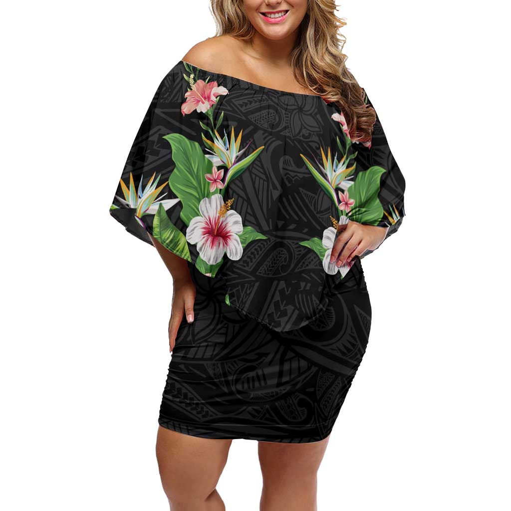 Hawaii Tropical Flowers Family Matching Off Shoulder Short Dress and Hawaiian Shirt Black Polynesian Tattoo Art