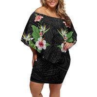 Hawaii Tropical Flowers Family Matching Off Shoulder Short Dress and Hawaiian Shirt Black Polynesian Tattoo Art