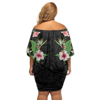 Hawaii Tropical Flowers Family Matching Off Shoulder Short Dress and Hawaiian Shirt Black Polynesian Tattoo Art