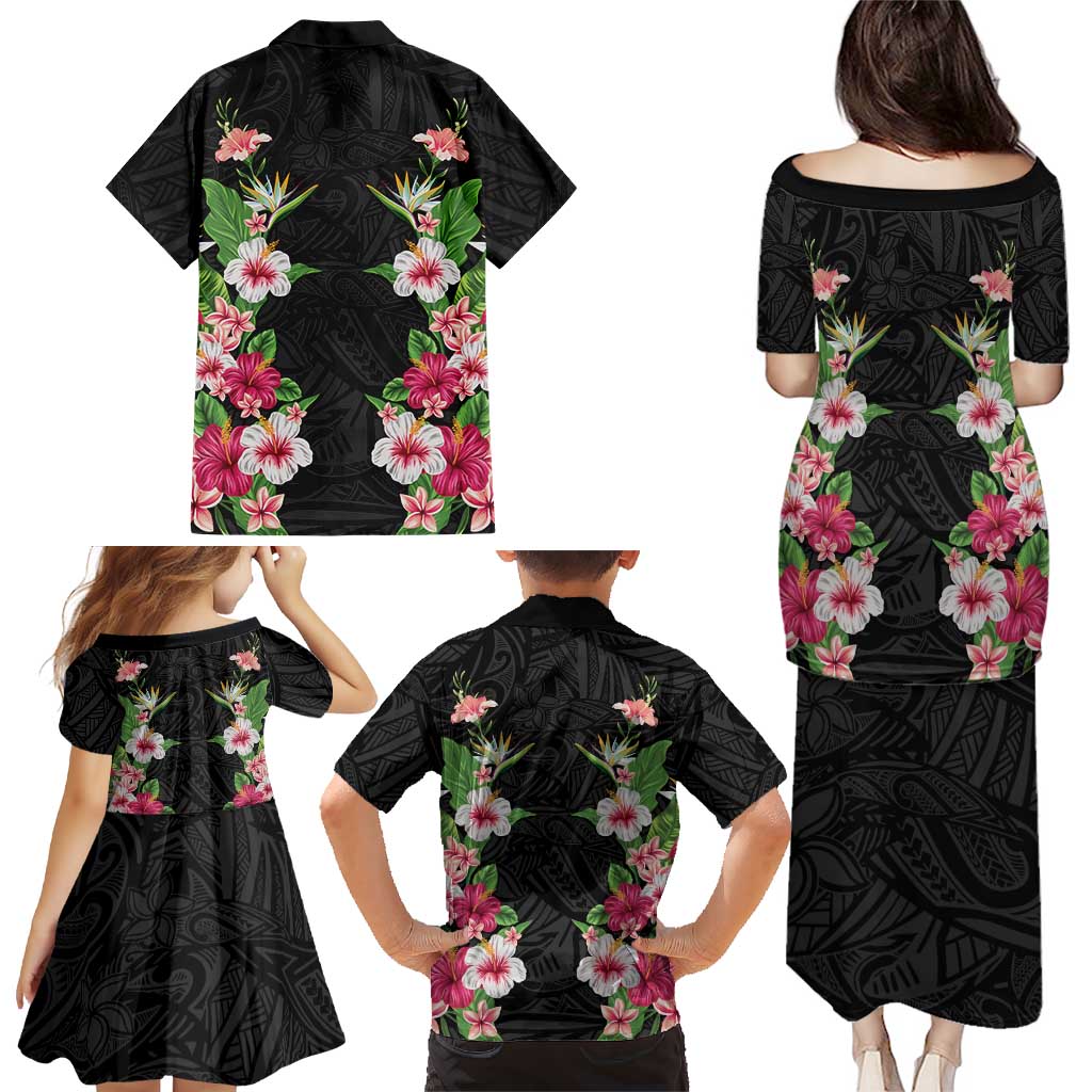 Hawaii Tropical Flowers Family Matching Puletasi and Hawaiian Shirt Black Polynesian Tattoo Art