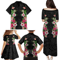 Hawaii Tropical Flowers Family Matching Puletasi and Hawaiian Shirt Black Polynesian Tattoo Art