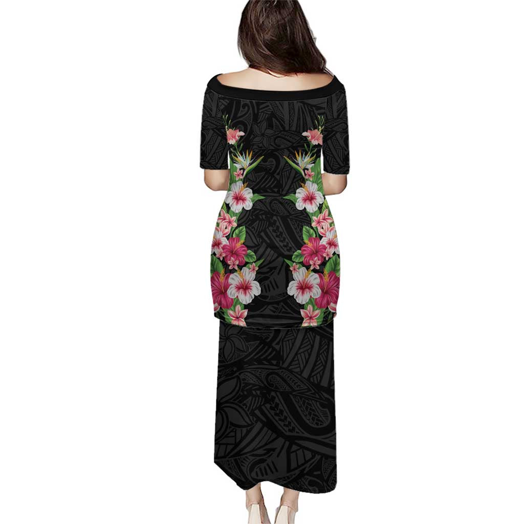 Hawaii Tropical Flowers Family Matching Puletasi and Hawaiian Shirt Black Polynesian Tattoo Art