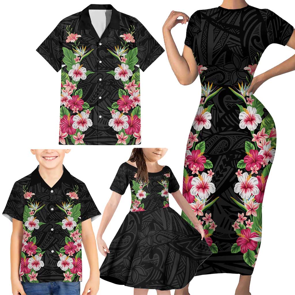 Hawaii Tropical Flowers Family Matching Short Sleeve Bodycon Dress and Hawaiian Shirt Black Polynesian Tattoo Art