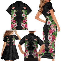 Hawaii Tropical Flowers Family Matching Short Sleeve Bodycon Dress and Hawaiian Shirt Black Polynesian Tattoo Art
