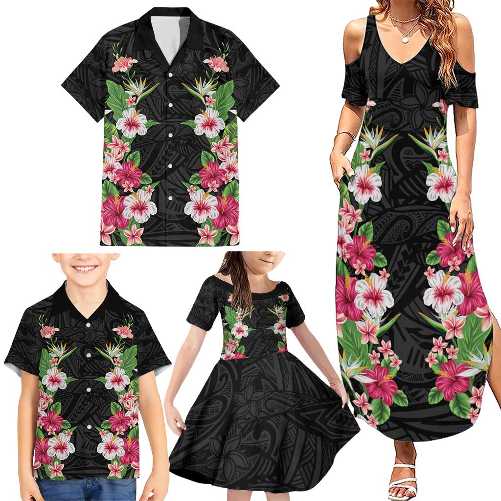 Hawaii Tropical Flowers Family Matching Summer Maxi Dress and Hawaiian Shirt Black Polynesian Tattoo Art LT05 - Polynesian Pride