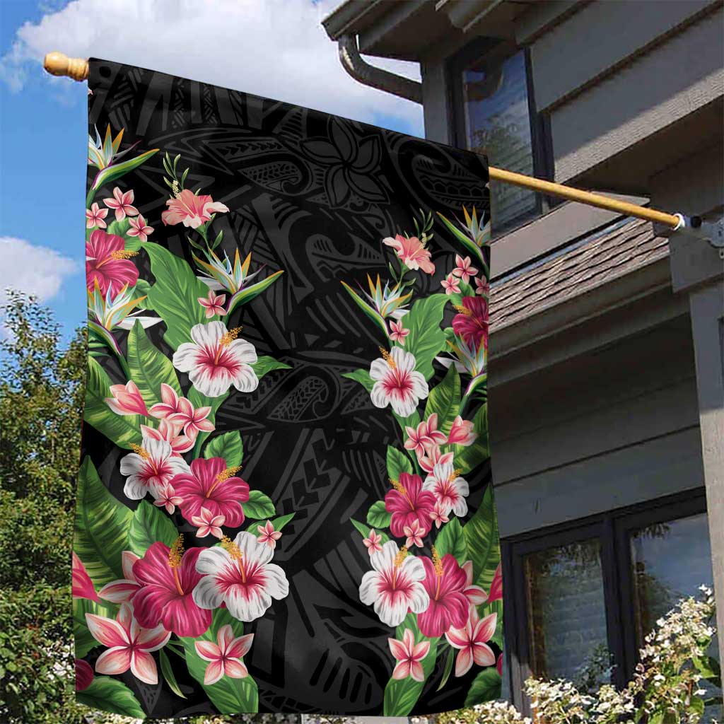 Hawaii Tropical Flowers Garden Flag Black Polynesian Tattoo Art LT05 - Polynesian Pride