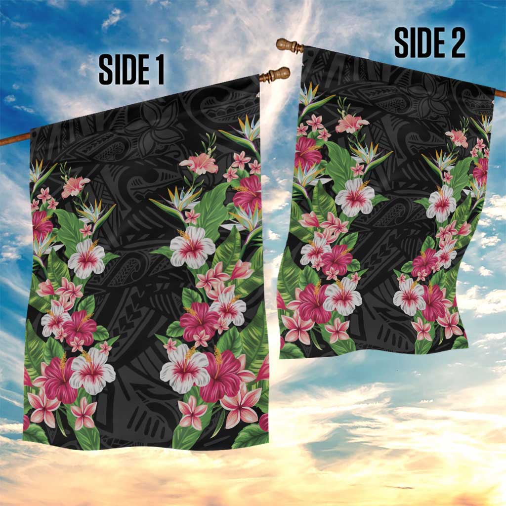 Hawaii Tropical Flowers Garden Flag Black Polynesian Tattoo Art LT05 - Polynesian Pride