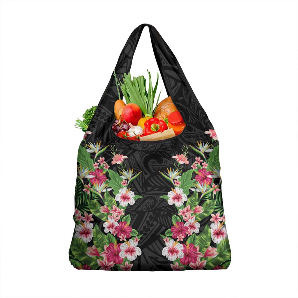 Hawaii Tropical Flowers Grocery Bag Black Polynesian Tattoo Art LT05 1-pack One Size Black - Polynesian Pride