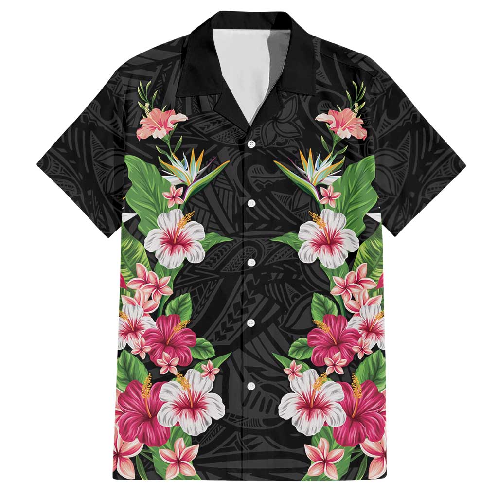 Hawaii Tropical Flowers Hawaiian Shirt Black Polynesian Tattoo Art