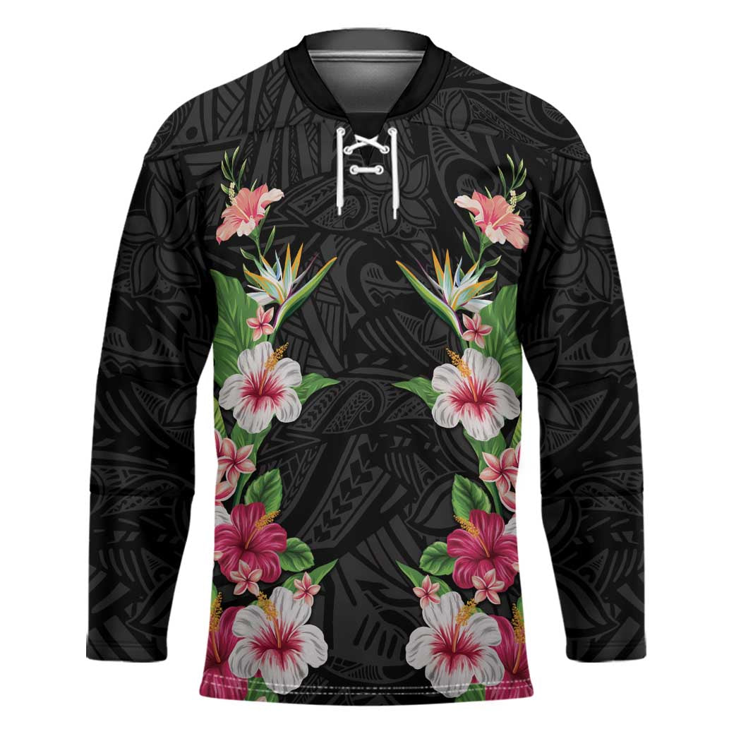 Hawaii Tropical Flowers Hockey Jersey Black Polynesian Tattoo Art