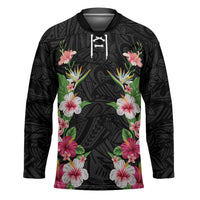 Hawaii Tropical Flowers Hockey Jersey Black Polynesian Tattoo Art