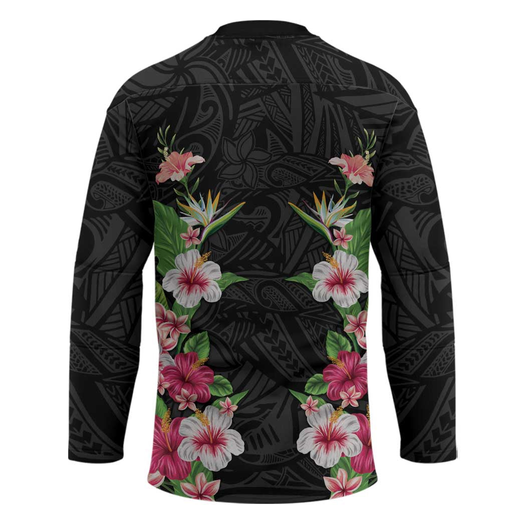 Hawaii Tropical Flowers Hockey Jersey Black Polynesian Tattoo Art