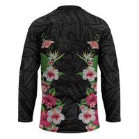 Hawaii Tropical Flowers Hockey Jersey Black Polynesian Tattoo Art