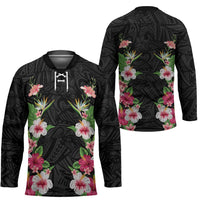 Hawaii Tropical Flowers Hockey Jersey Black Polynesian Tattoo Art