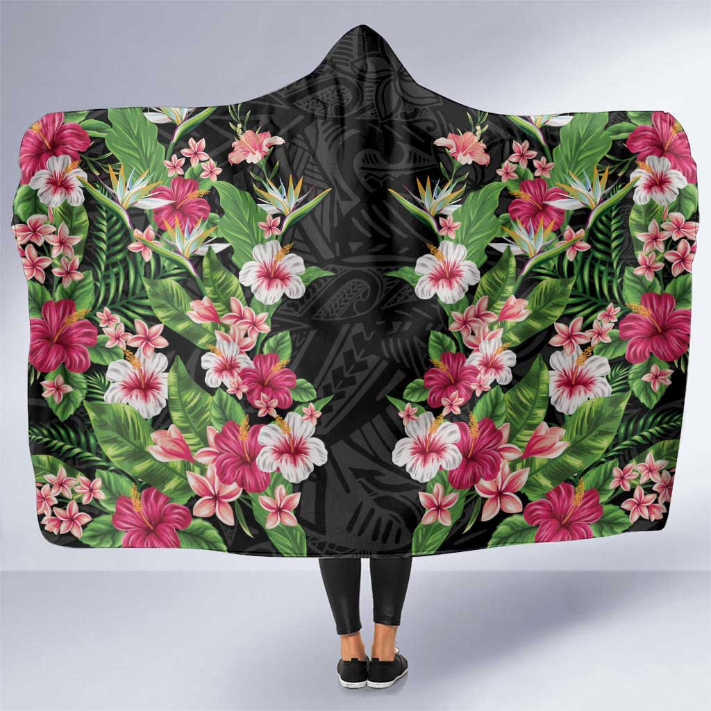 Hawaii Tropical Flowers Hooded Blanket Black Polynesian Tattoo Art LT05 One Size Black - Polynesian Pride