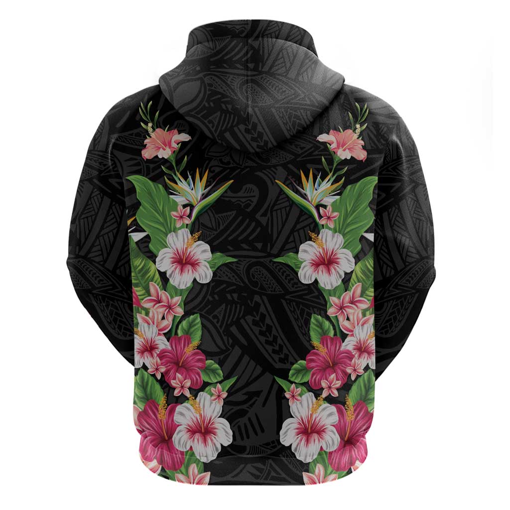 Hawaii Tropical Flowers Hoodie Black Polynesian Tattoo Art LT05 - Polynesian Pride